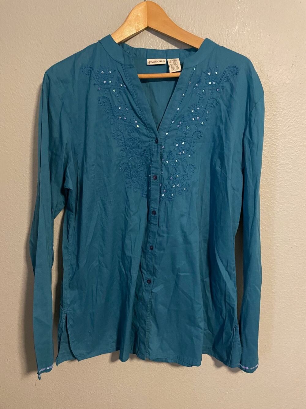 St Johns Bay Womens Top XL Blue Floral Embroidered Sequin Mermaid Boho Fairy Y2K